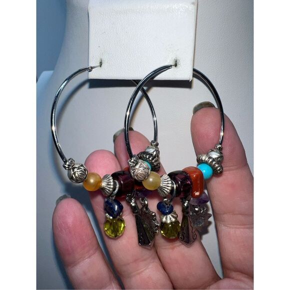 Boho Silver Tone Charm and Stone Dangle Charm Hoop Earrings - Picture 5 of 8